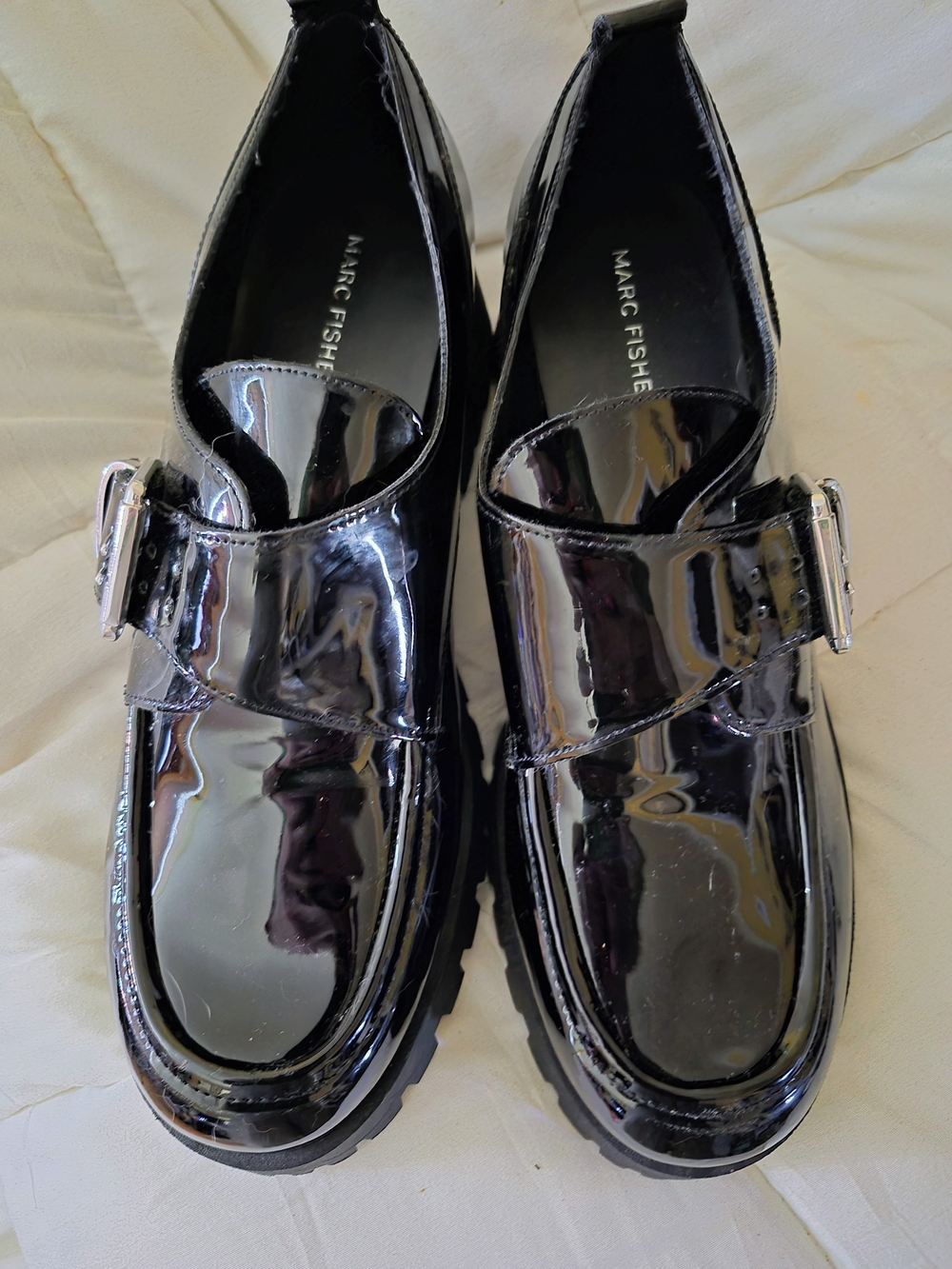 Marc Fisher Black Patent Loafers with Silver Buckle Size 10 Womens